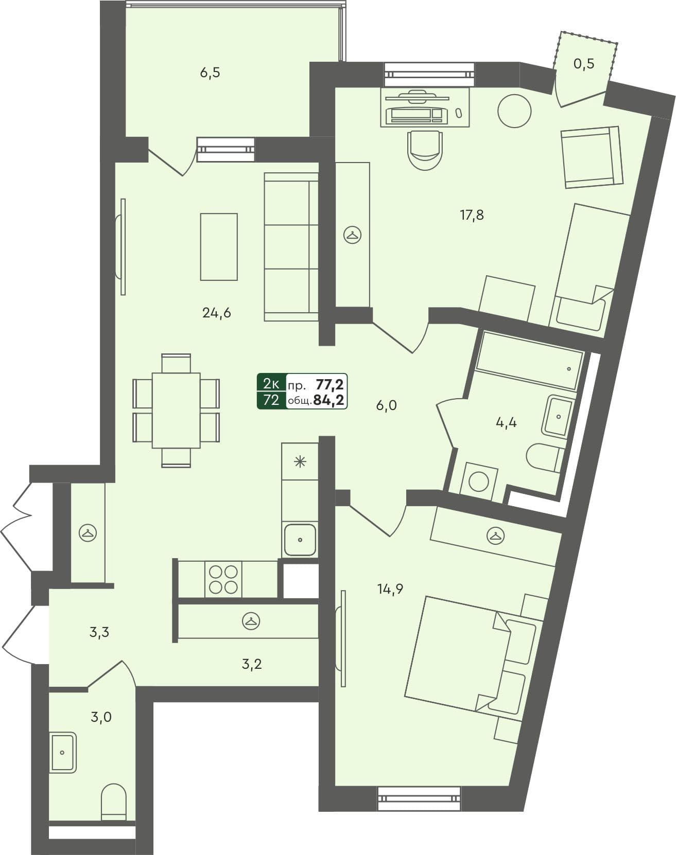2-комн. квартира, 83.6 м², 4 из 4 этаж Планировка