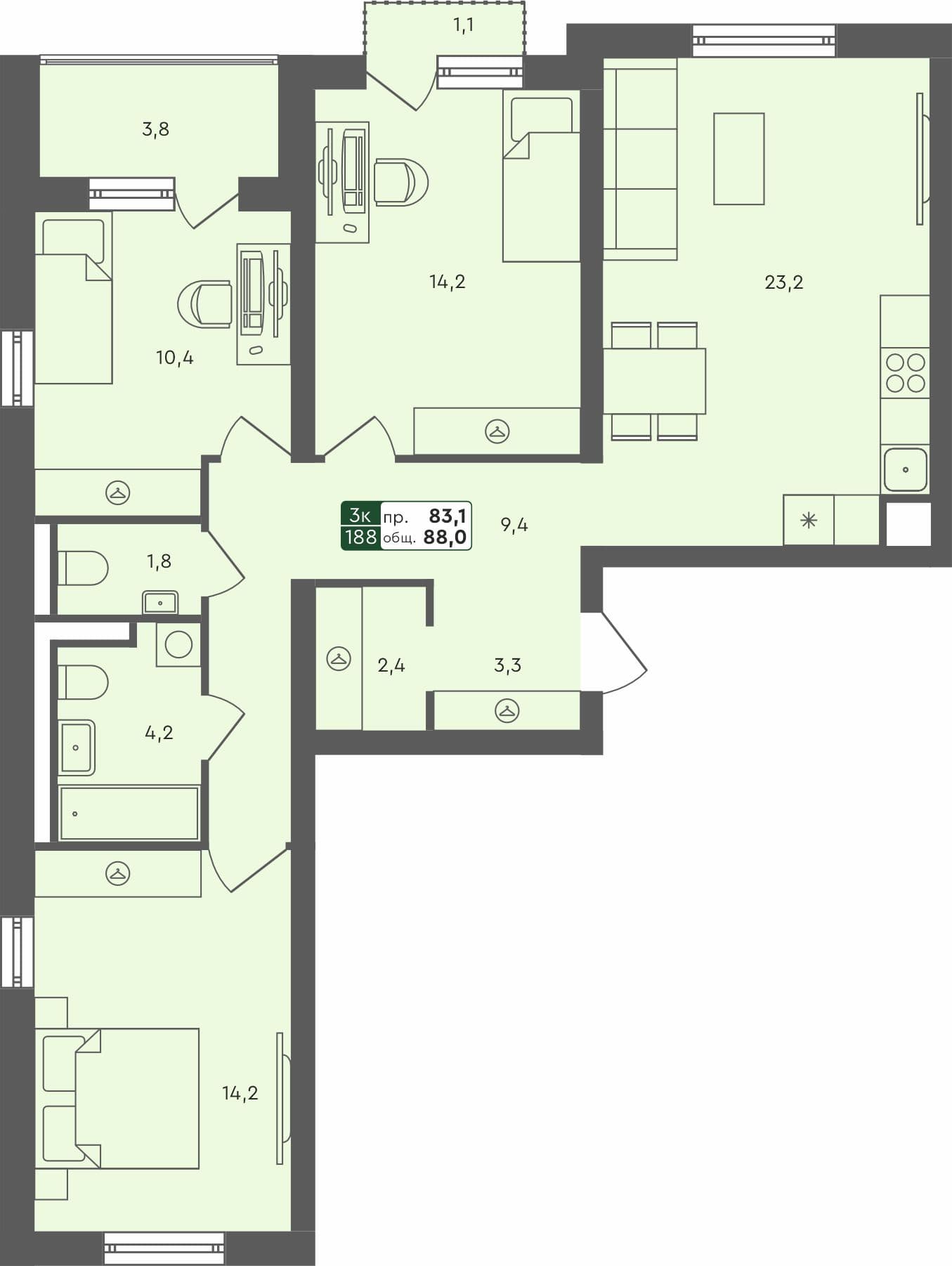 3-комн. квартира, 88 м², 4 из 4 этаж Планировка
