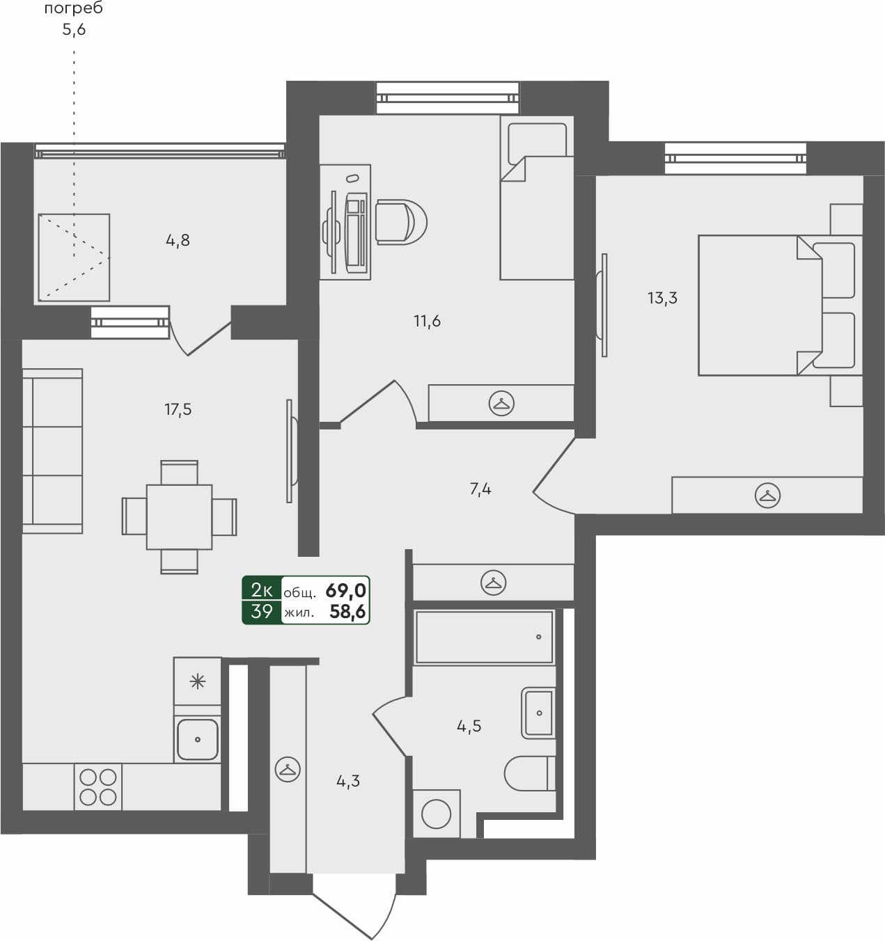 2-комн. квартира, 69 м², 1 из 4 этаж квартира