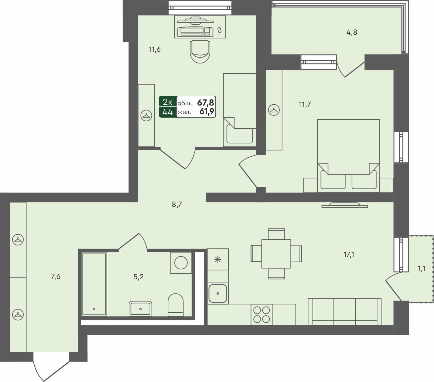2-комн. квартира, 67.8 м², 2 из 4 этаж квартира