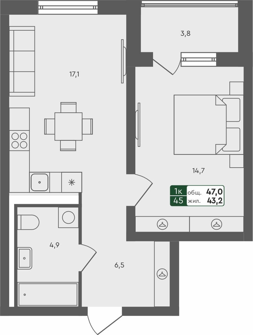 1-комн. квартира, 47 м², 2 из 4 этаж Планировка