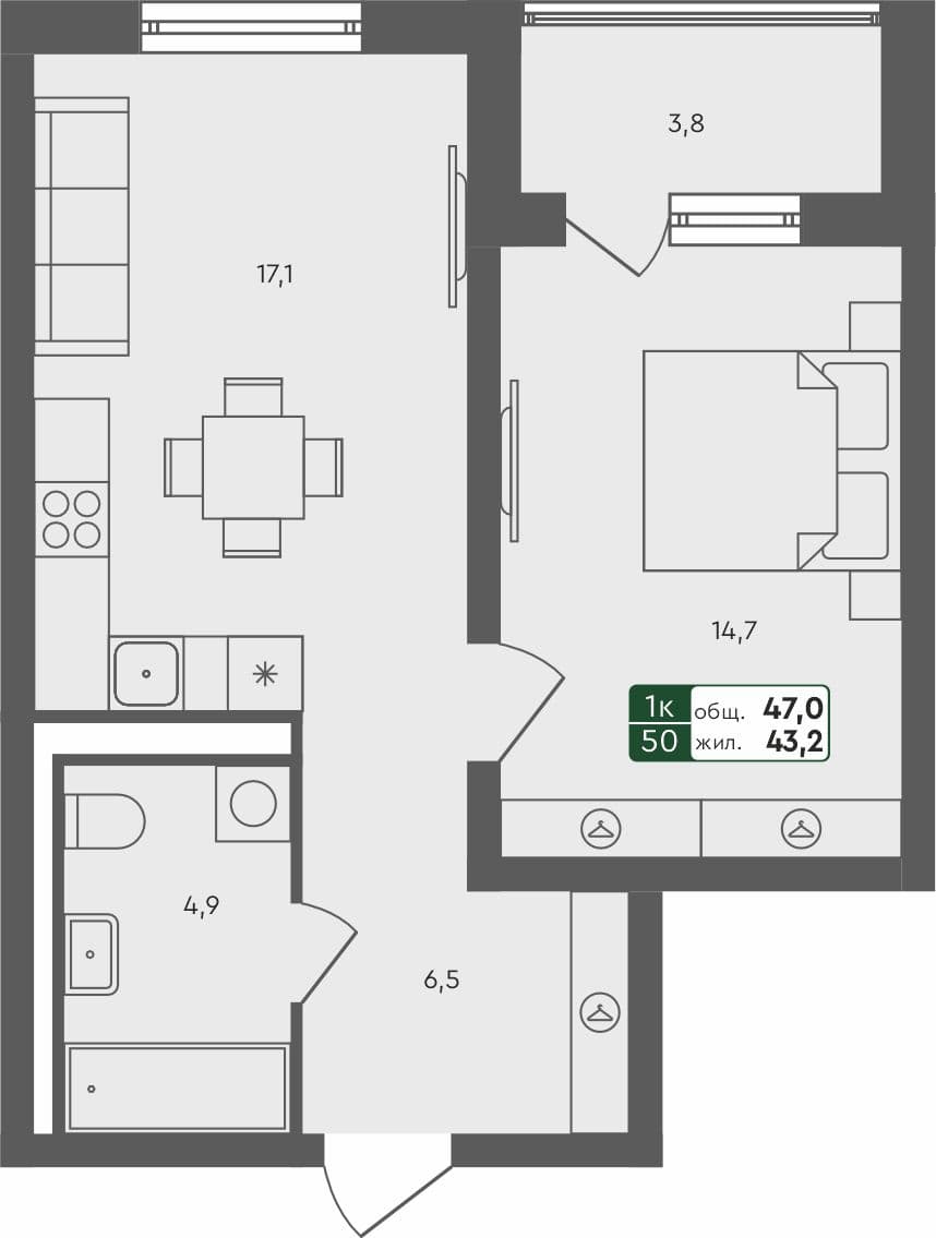 1-комн. квартира, 47 м², 3 из 4 этаж квартира