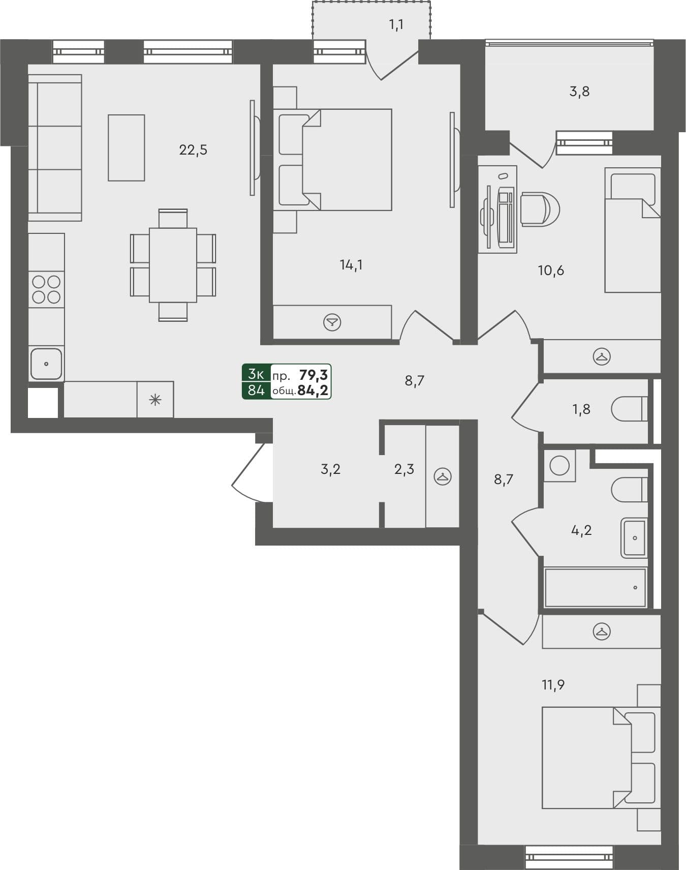 3-комн. квартира, 84.2 м², 4 из 4 этаж Планировка