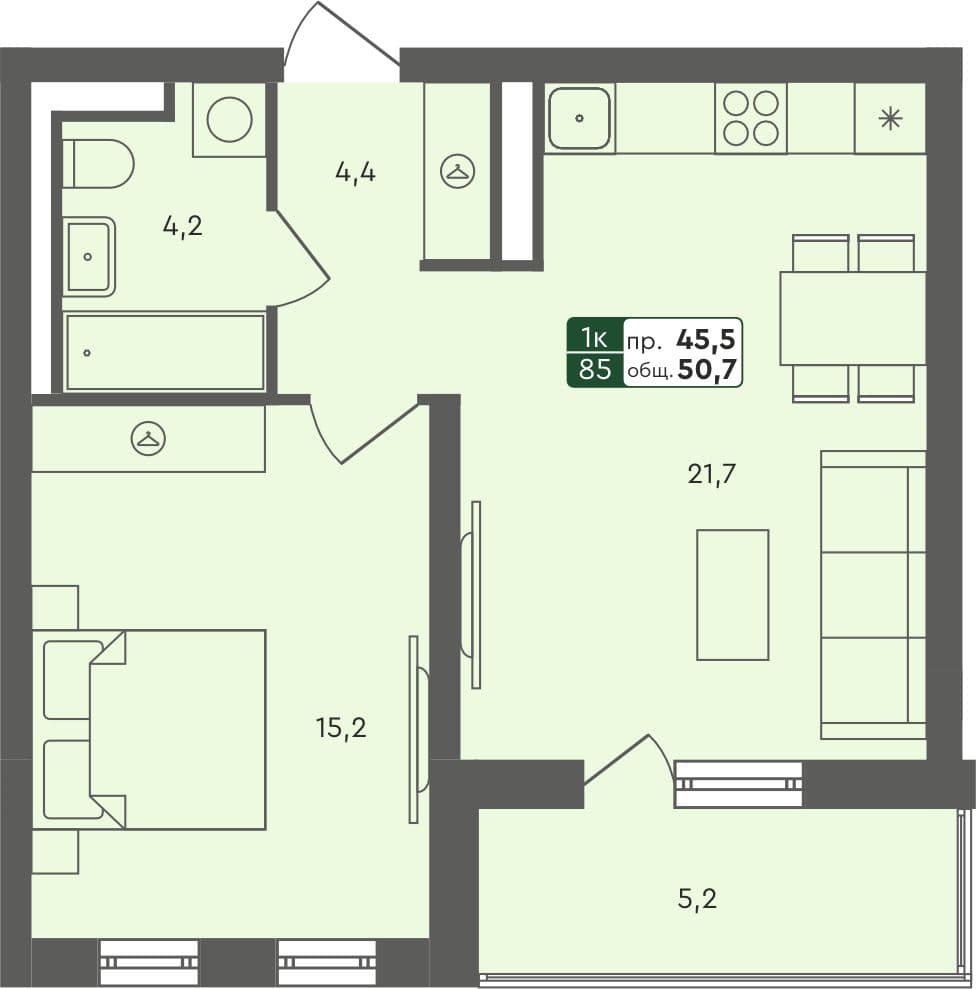 1-комн. квартира, 49.9 м², 4 из 4 этаж Планировка