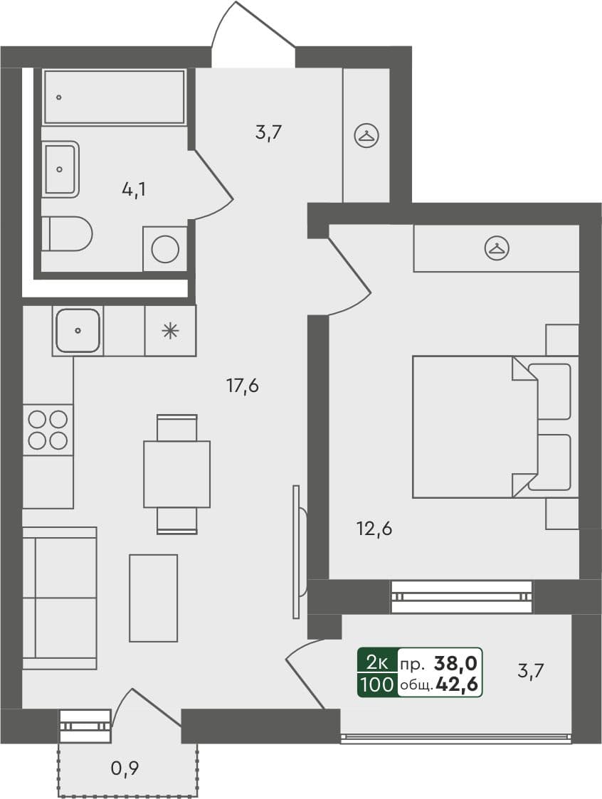 1-комн. квартира, 42.6 м², 4 из 4 этаж квартира