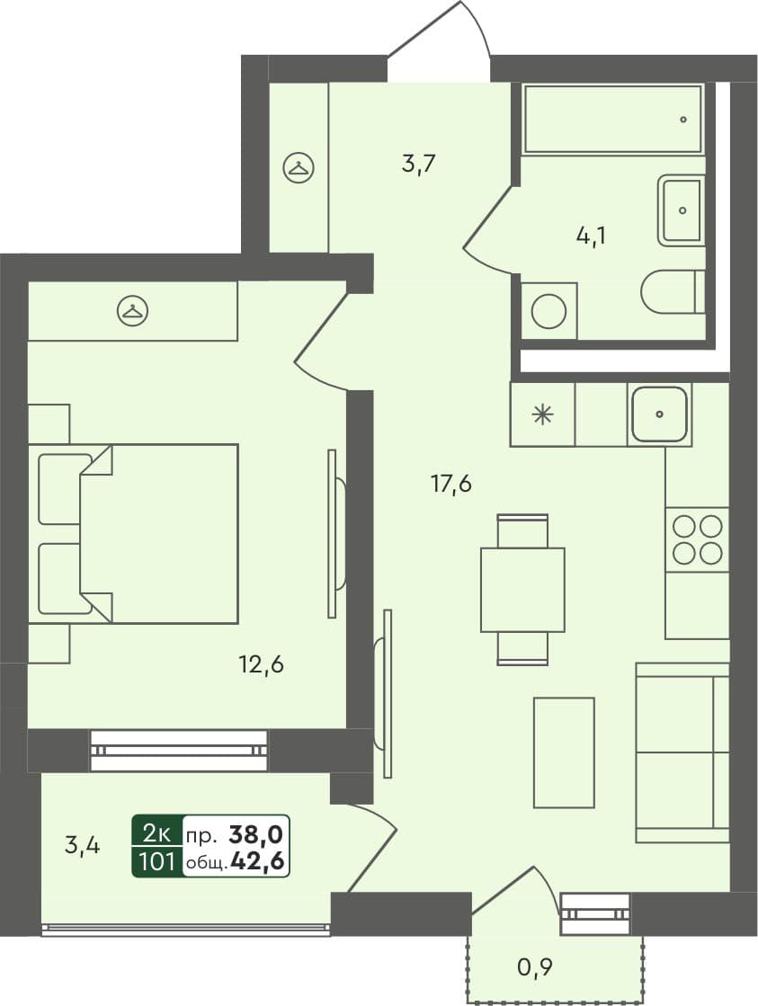 1-комн. квартира, 42.4 м², 4 из 4 этаж Планировка