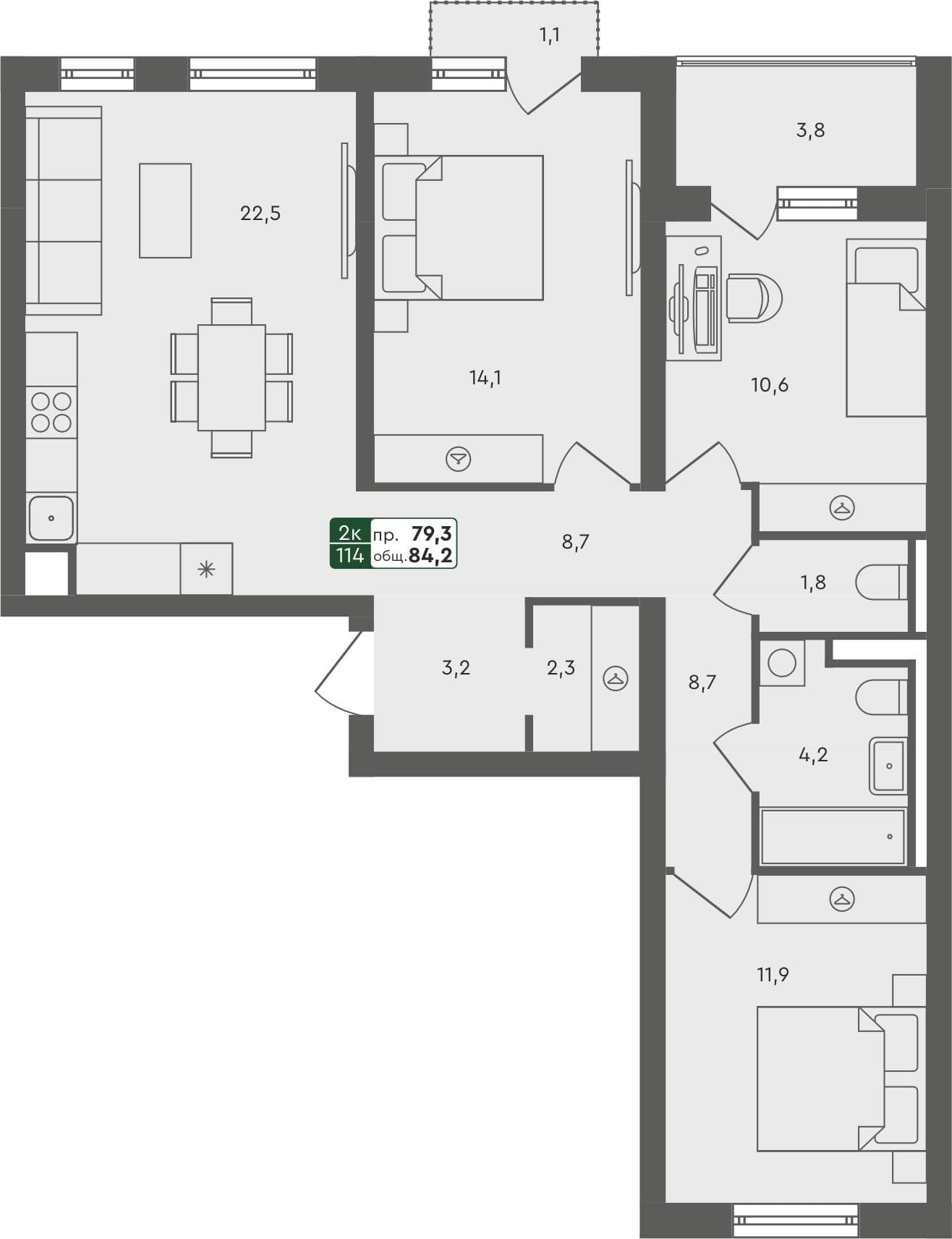 3-комн. квартира, 84.2 м², 4 из 4 этаж Планировка