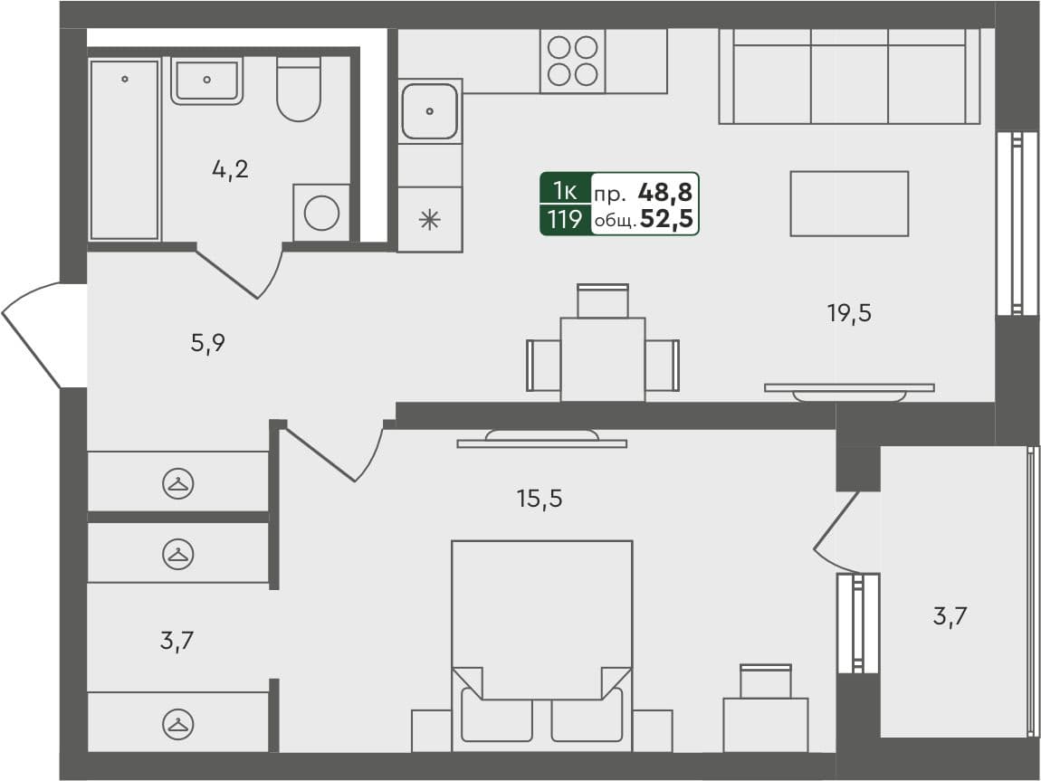 1-комн. квартира, 51.7 м², 1 из 4 этаж квартира