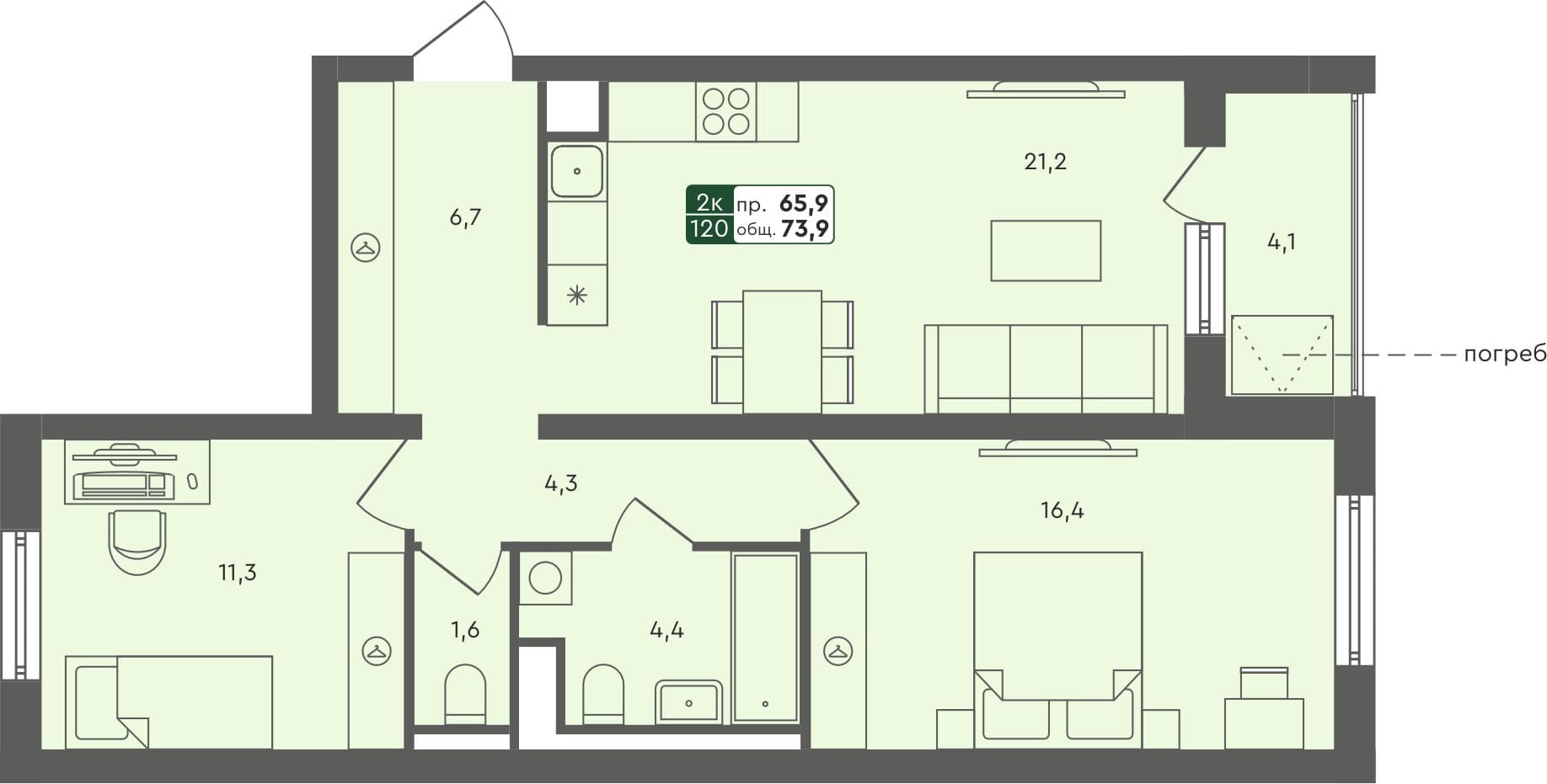2-комн. квартира, 73.1 м², 1 из 4 этаж квартира