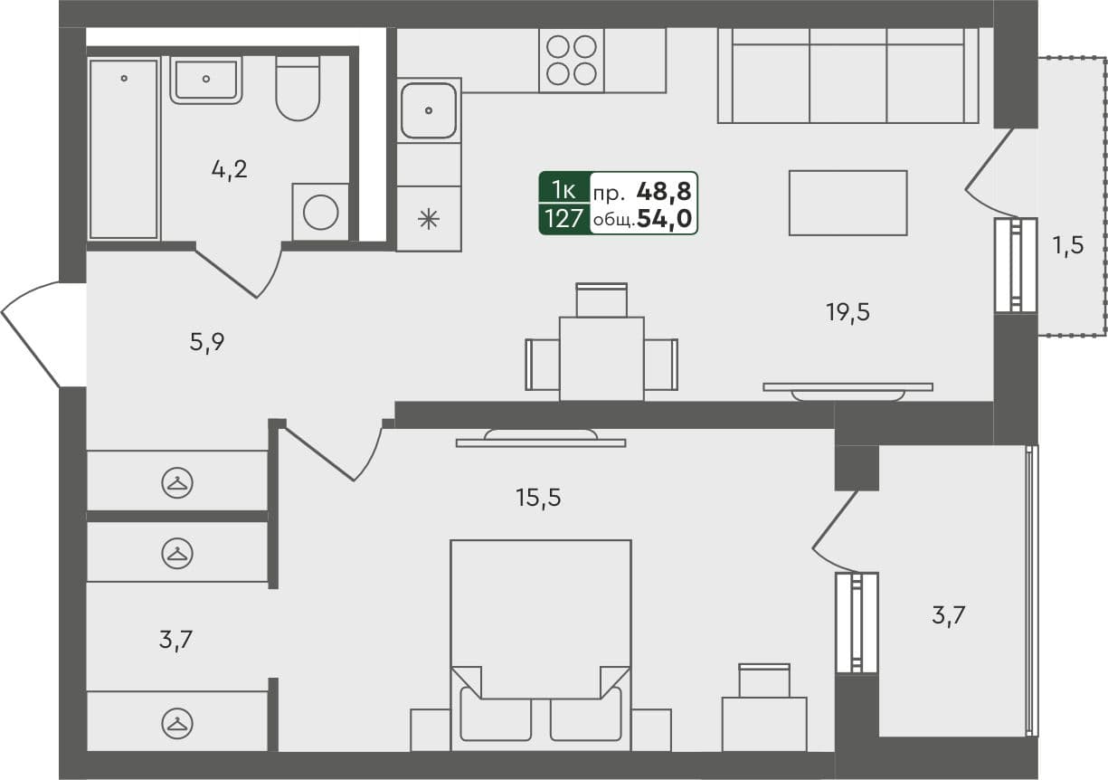 1-комн. квартира, 54 м², 3 из 4 этаж квартира