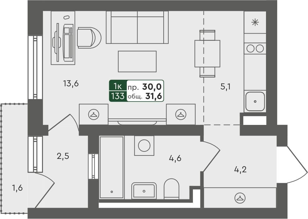 Студия квартира, 30 м², 1 из 4 этаж Планировка