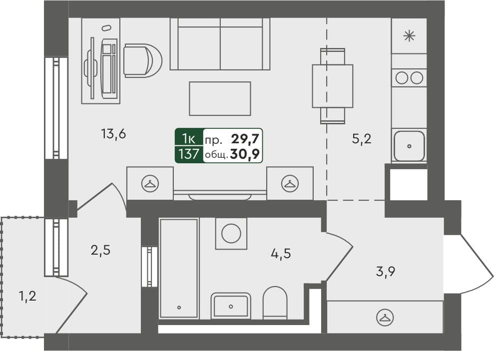 Студия квартира, 30.9 м², 2 из 4 этаж Планировка