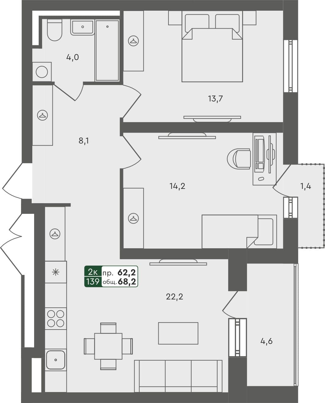 2-комн. квартира, 68.2 м², 2 из 4 этаж квартира