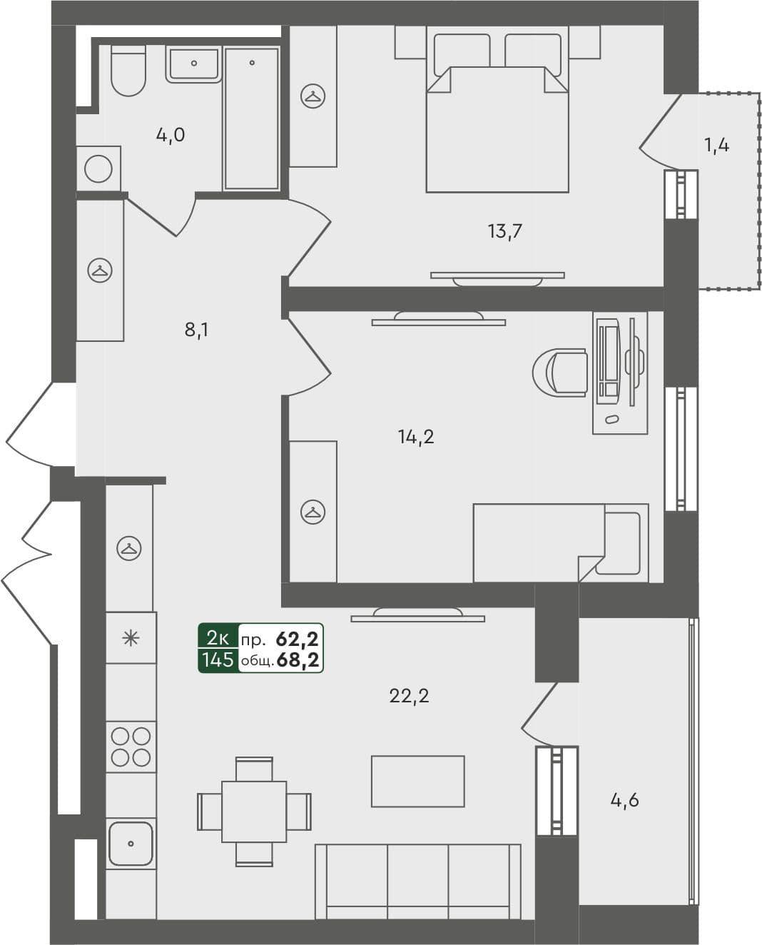 2-комн. квартира, 68.2 м², 3 из 4 этаж квартира