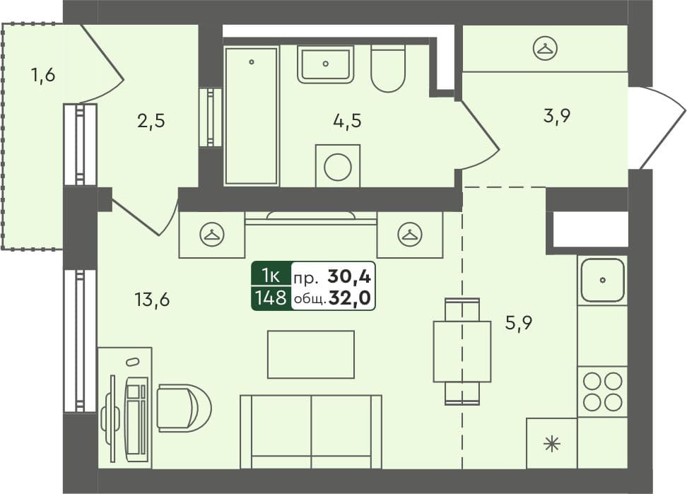 Студия квартира, 32 м², 3 из 4 этаж Планировка
