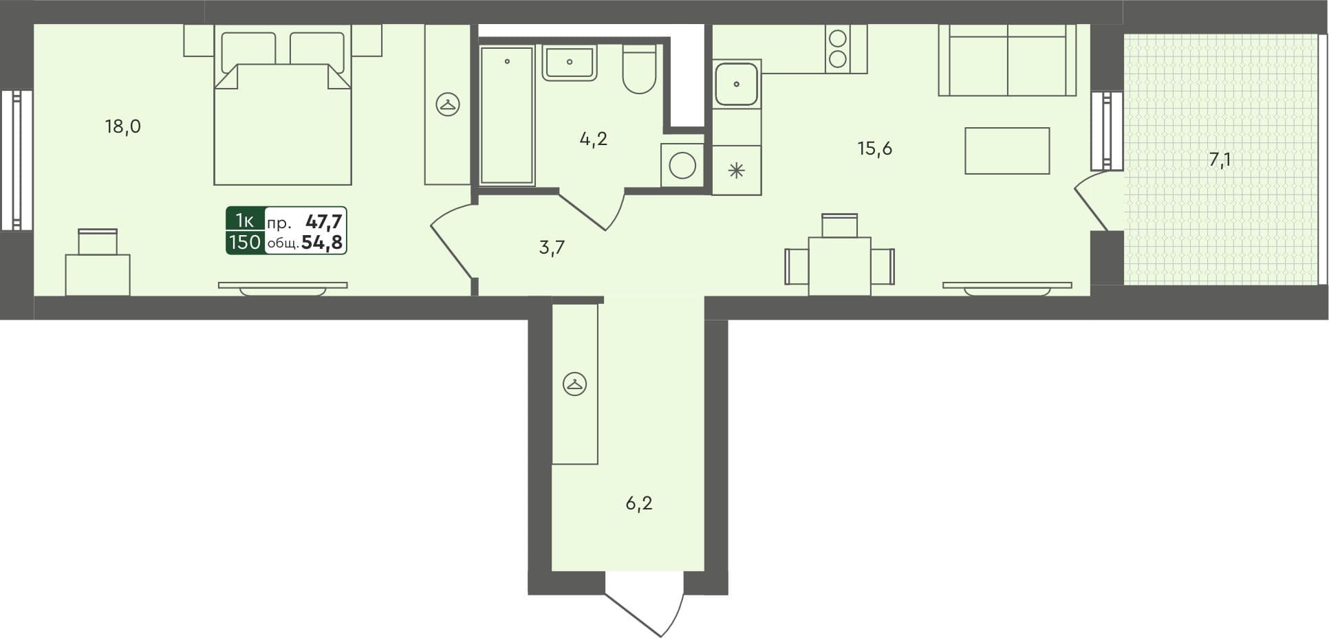 1-комн. квартира, 54.8 м², 4 из 4 этаж квартира