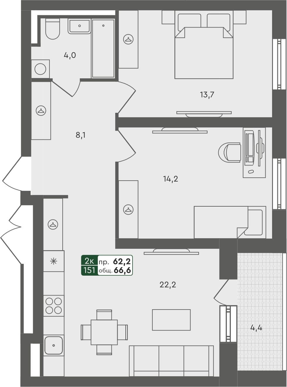 2-комн. квартира, 66.6 м², 4 из 4 этаж квартира