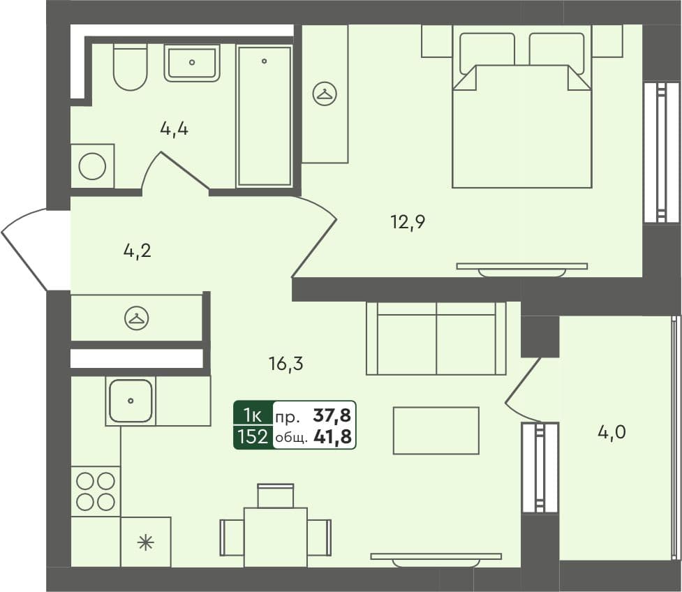 1-комн. квартира, 41.8 м², 4 из 4 этаж Планировка