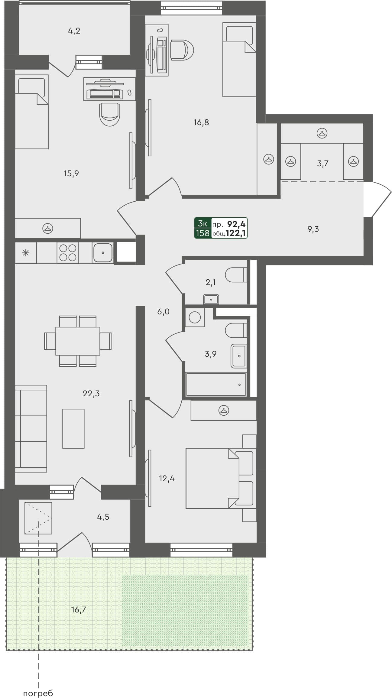 3-комн. квартира, 121.3 м², 1 из 4 этаж квартира