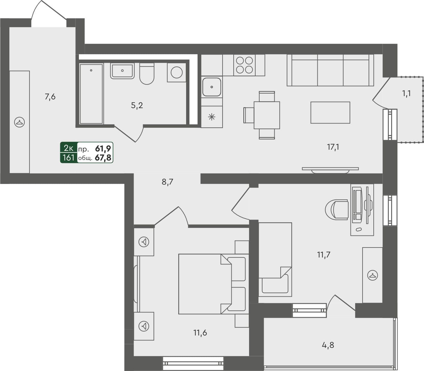 2-комн. квартира, 67.8 м², 2 из 4 этаж квартира
