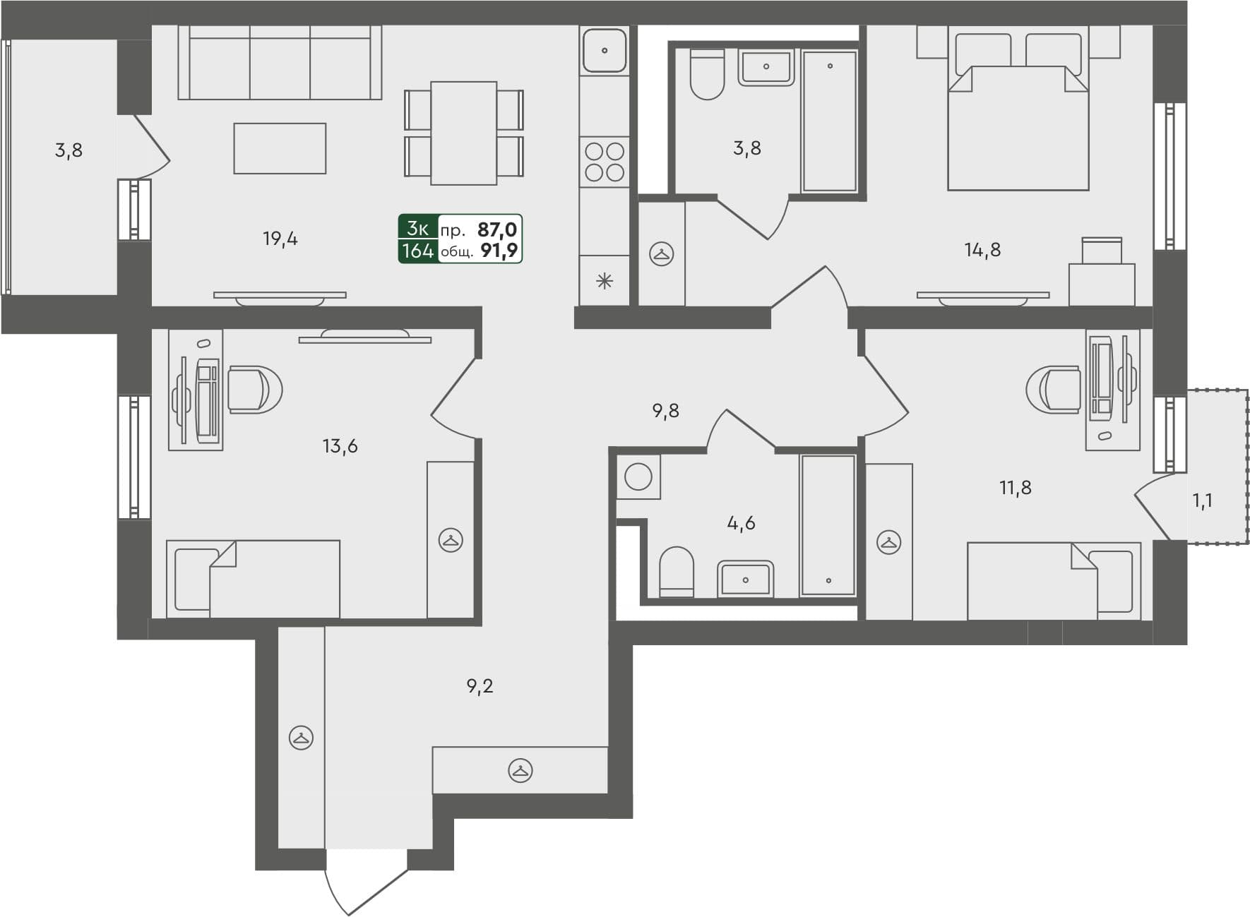 3-комн. квартира, 91.9 м², 3 из 4 этаж Планировка