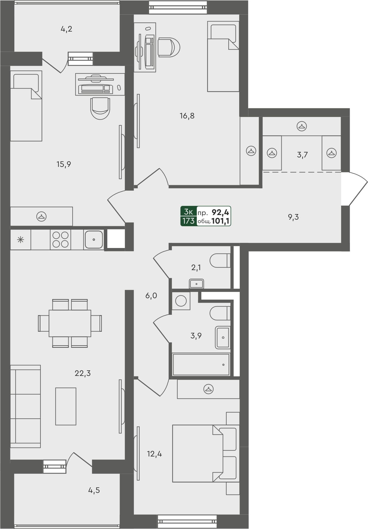 3-комн. квартира, 101.1 м², 4 из 4 этаж квартира