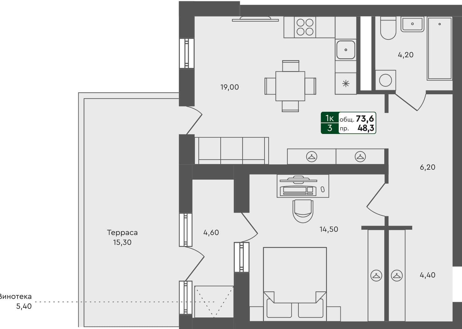 1-комн. квартира, 73.6 м², 1 из 4 этаж квартира