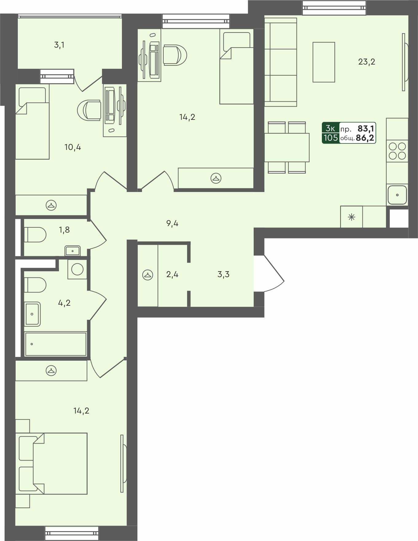 3-комн. квартира, 86.2 м², 1 из 4 этаж Планировка