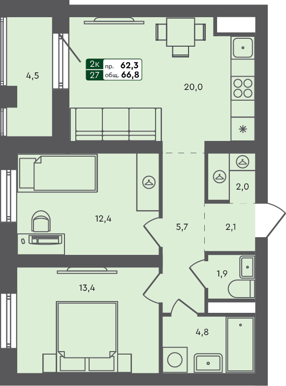 2-комн. квартира, 66.8 м², 2 из 3 этаж квартира