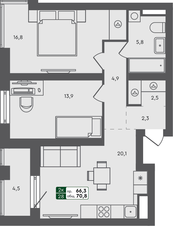 2-комн. квартира, 70.8 м², 2 из 3 этаж квартира