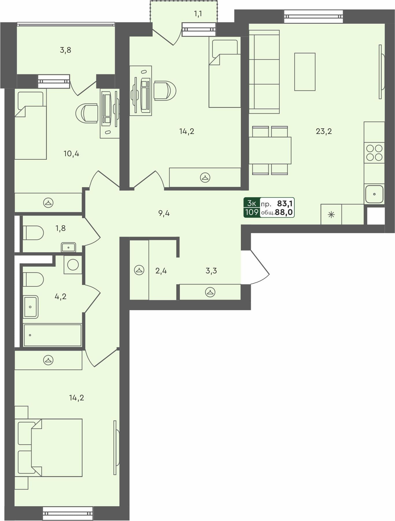 3-комн. квартира, 88 м², 2 из 4 этаж Планировка
