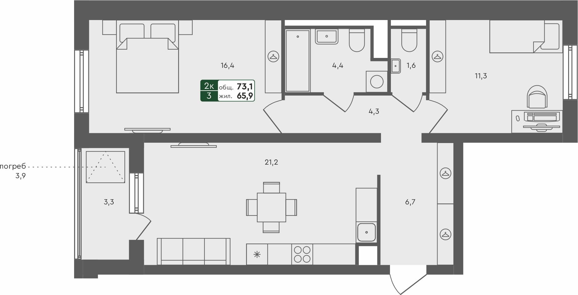 2-комн. квартира, 73.1 м², 1 из 4 этаж квартира