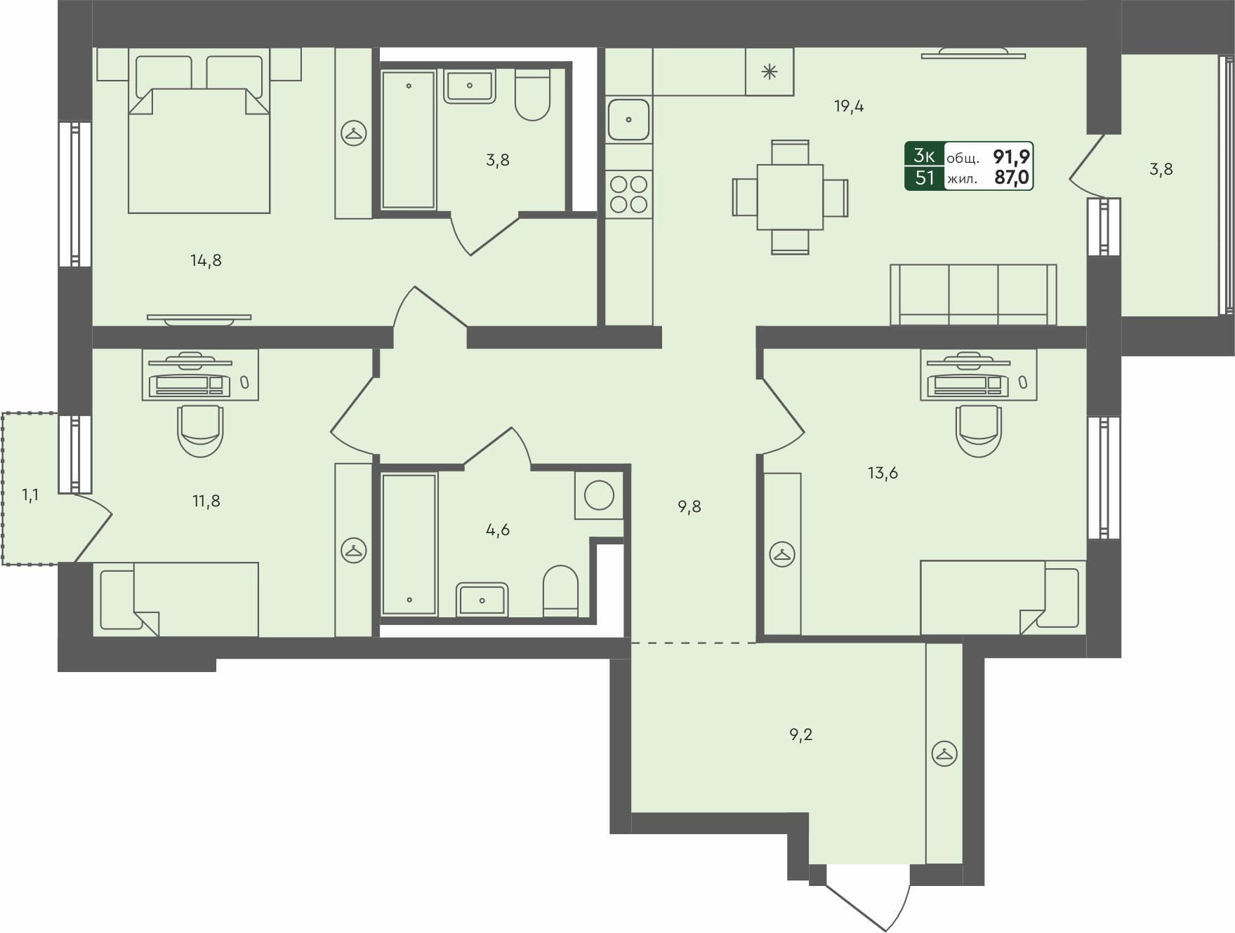 3-комн. квартира, 91.9 м², 3 из 4 этаж квартира