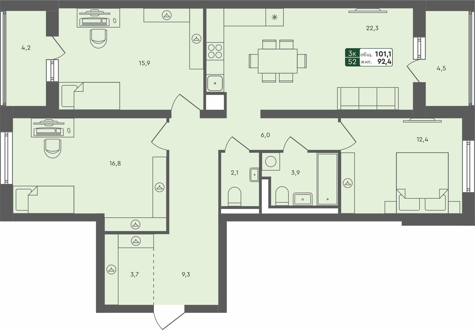 3-комн. квартира, 101.1 м², 4 из 4 этаж квартира