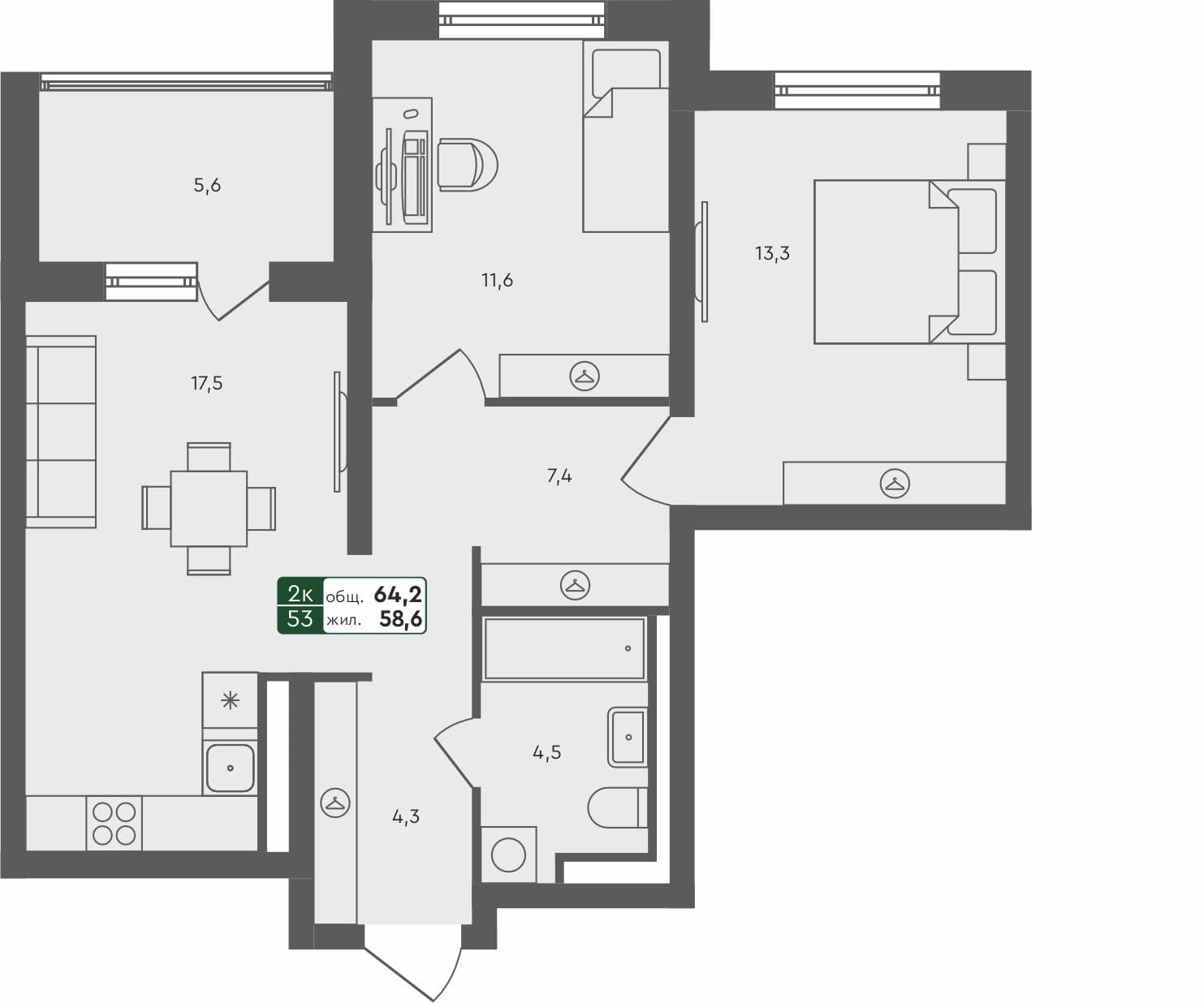 2-комн. квартира, 64.2 м², 4 из 4 этаж квартира
