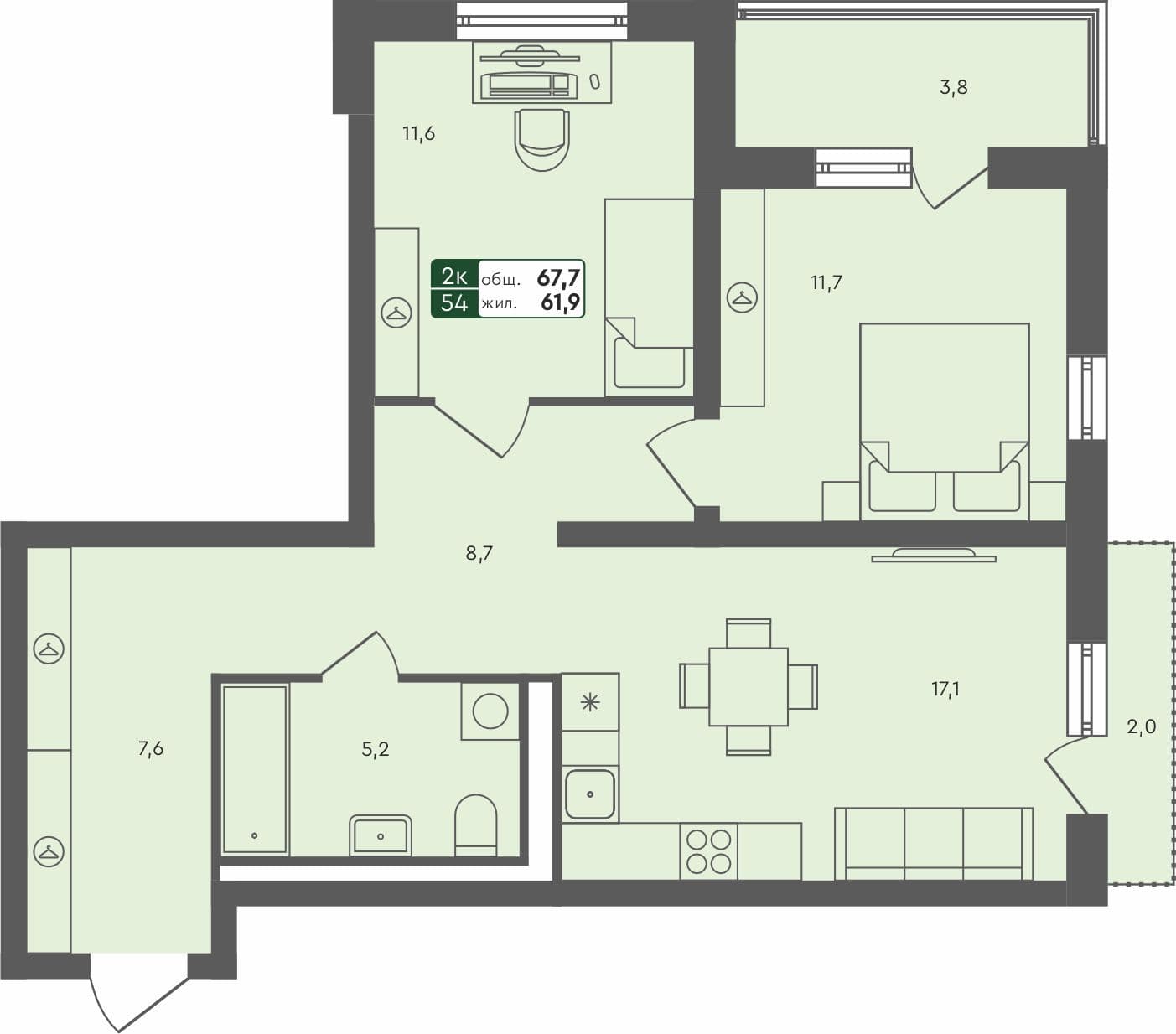 2-комн. квартира, 67.7 м², 4 из 4 этаж квартира