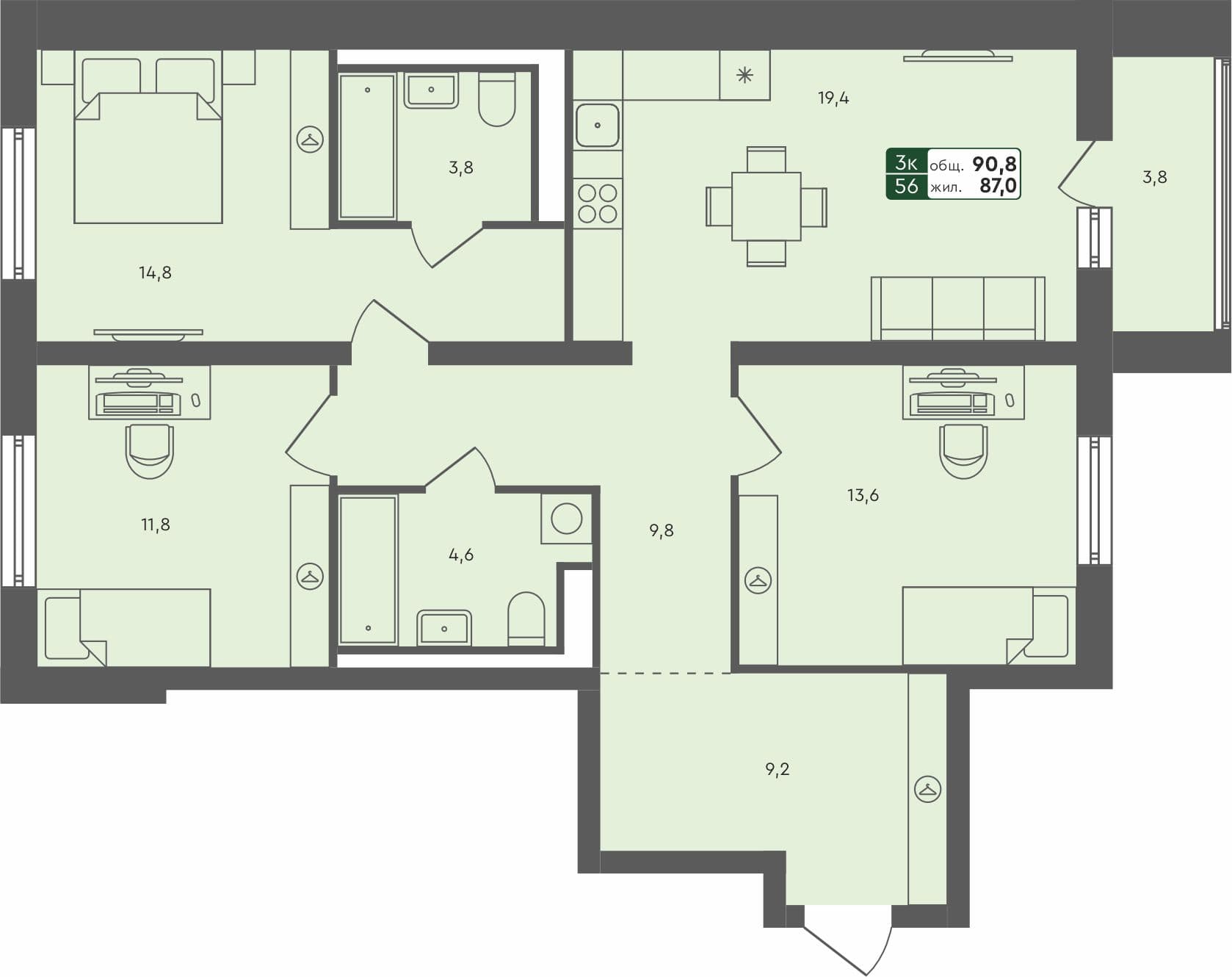 3-комн. квартира, 90.8 м², 4 из 4 этаж квартира