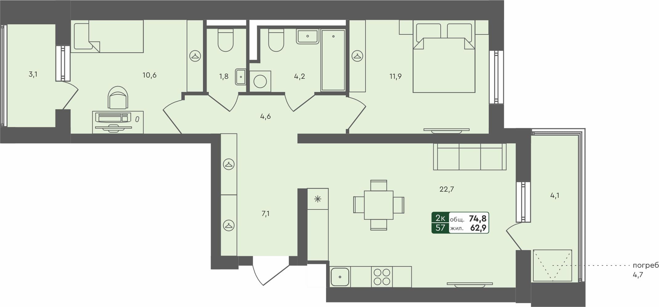 2-комн. квартира, 74.8 м², 1 из 4 этаж квартира