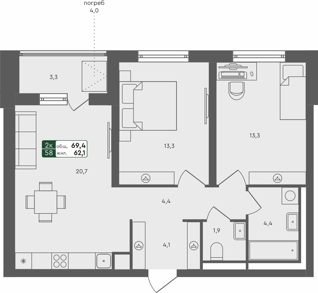 2-комн. квартира, 69.4 м², 1 из 4 этаж квартира