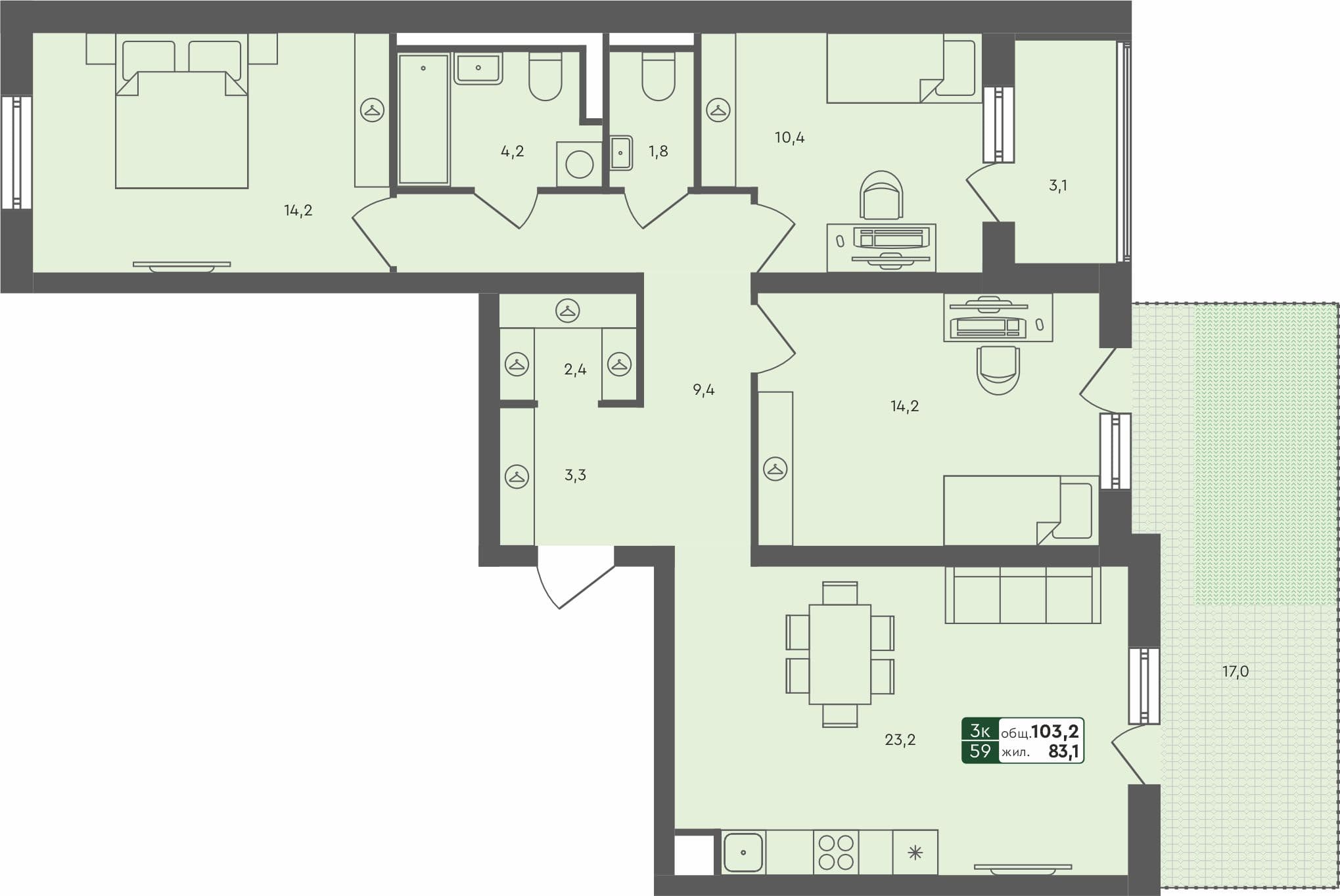 3-комн. квартира, 103.2 м², 1 из 4 этаж квартира