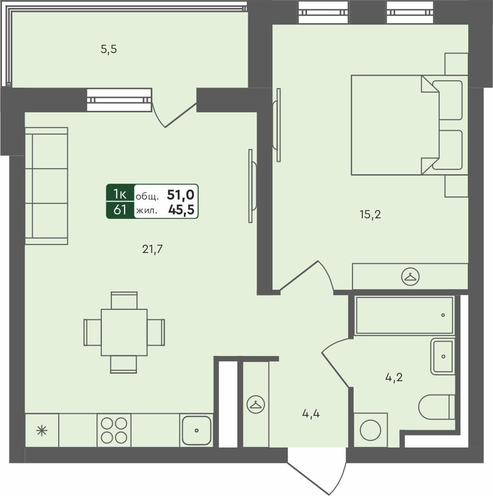 1-комн. квартира, 51 м², 2 из 4 этаж квартира