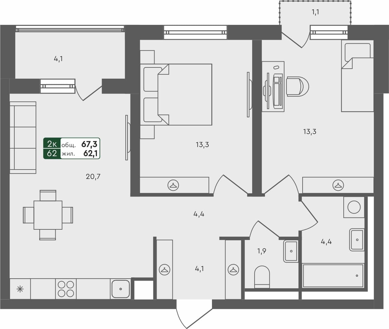 2-комн. квартира, 67.3 м², 2 из 4 этаж квартира