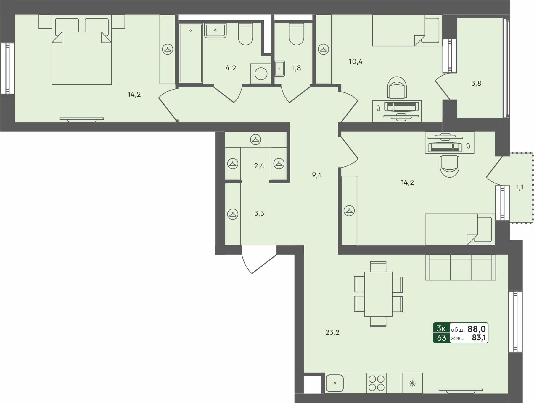 3-комн. квартира, 88 м², 2 из 4 этаж квартира