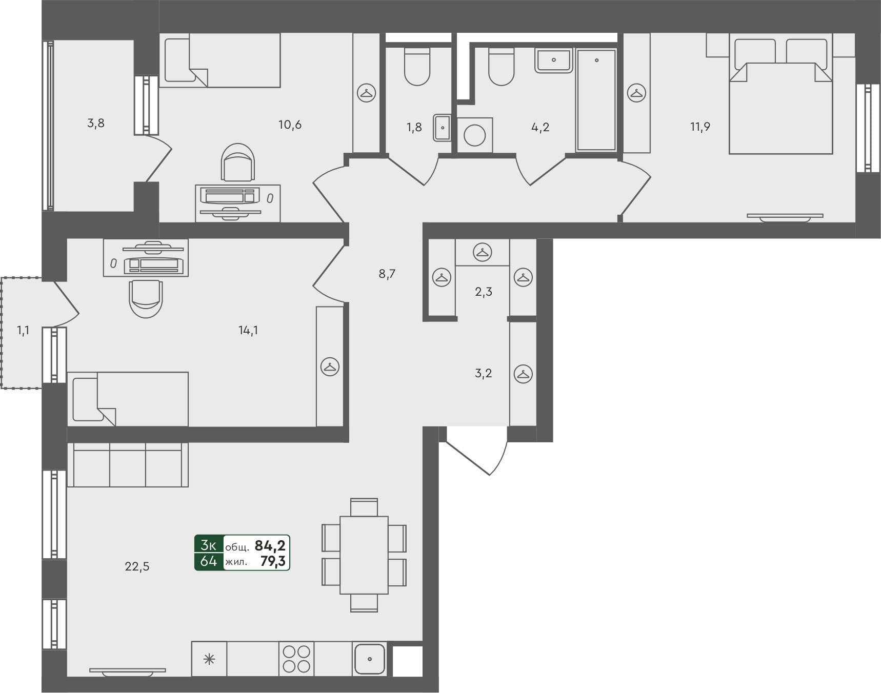 3-комн. квартира, 84.2 м², 3 из 4 этаж квартира
