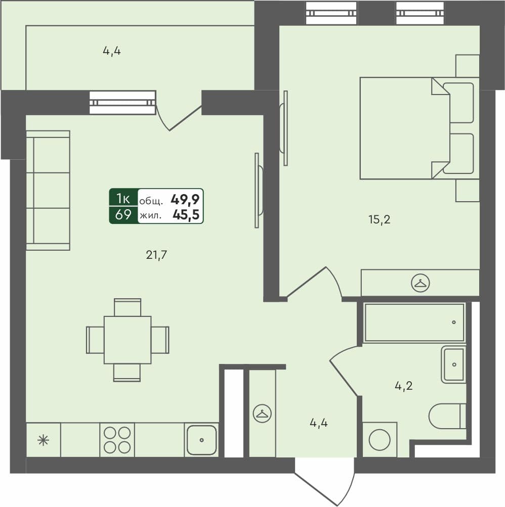 1-комн. квартира, 49.9 м², 4 из 4 этаж Планировка
