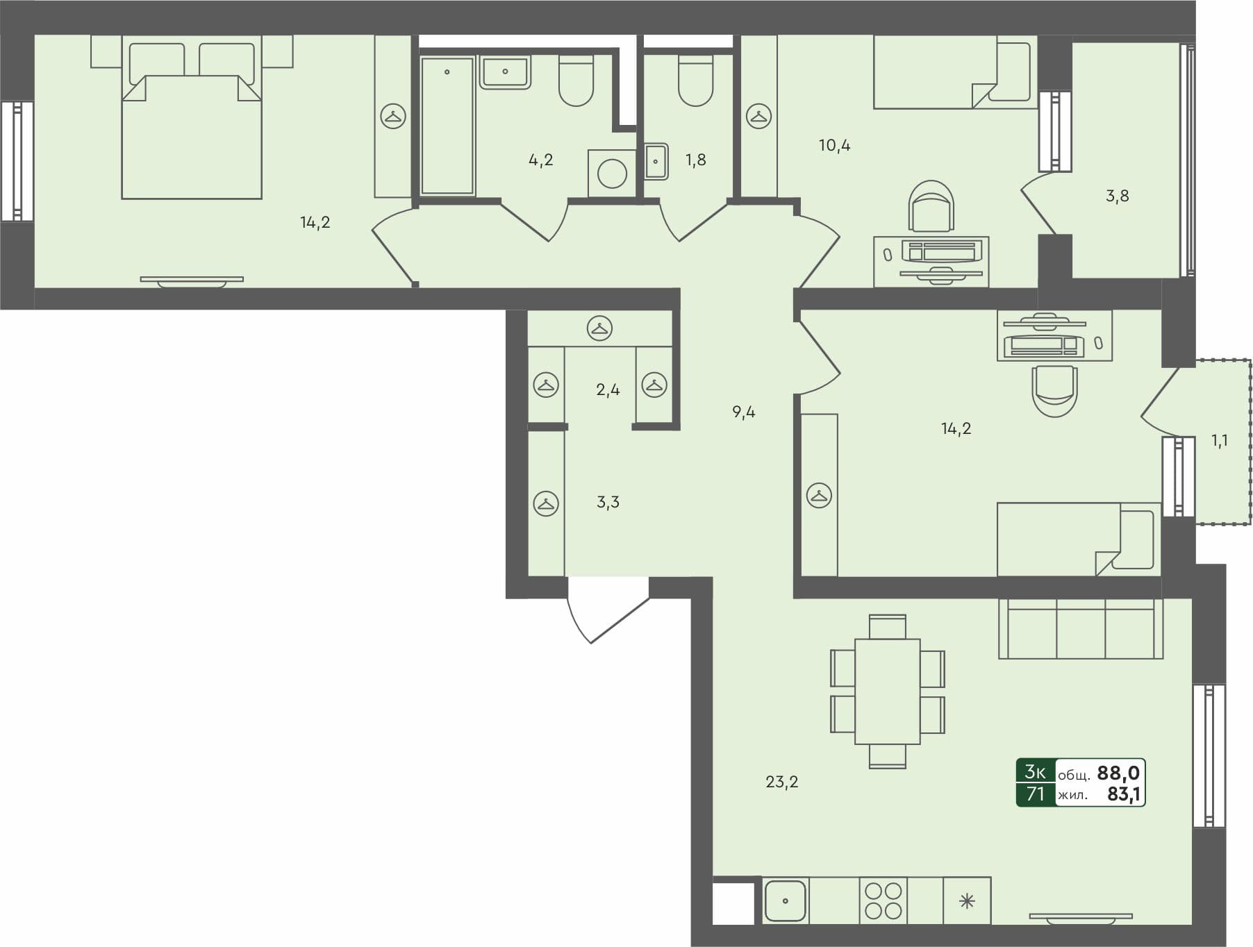 3-комн. квартира, 88 м², 4 из 4 этаж Планировка