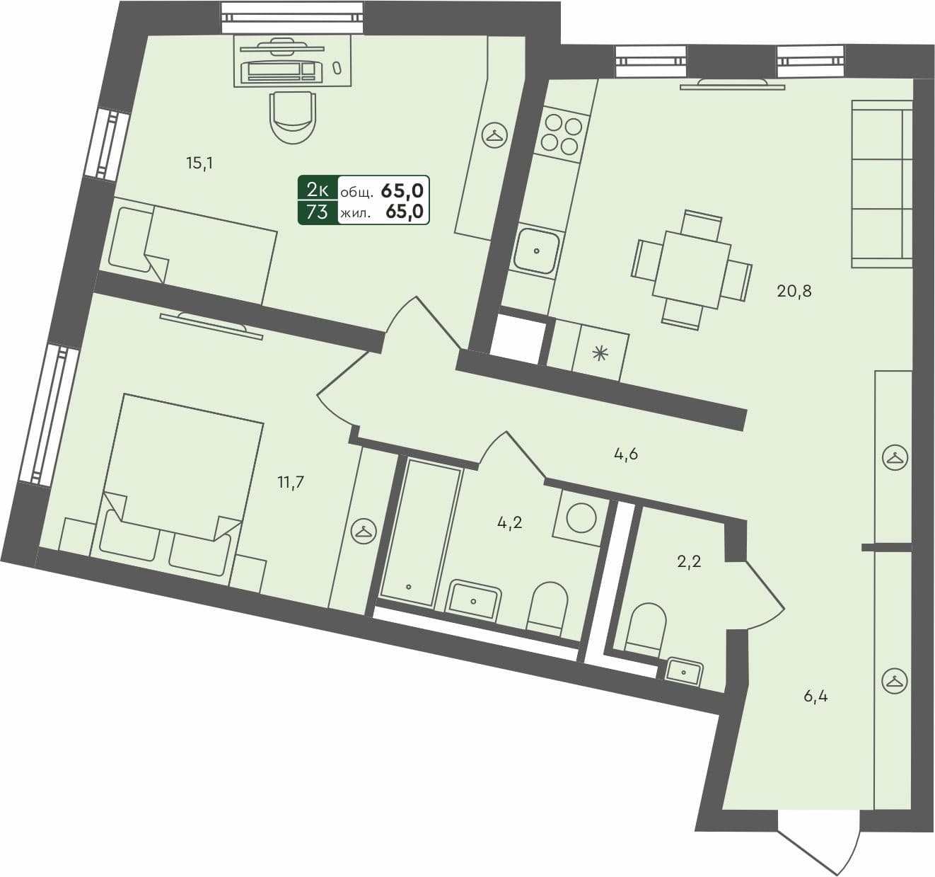 2-комн. квартира, 65 м², 1 из 4 этаж квартира