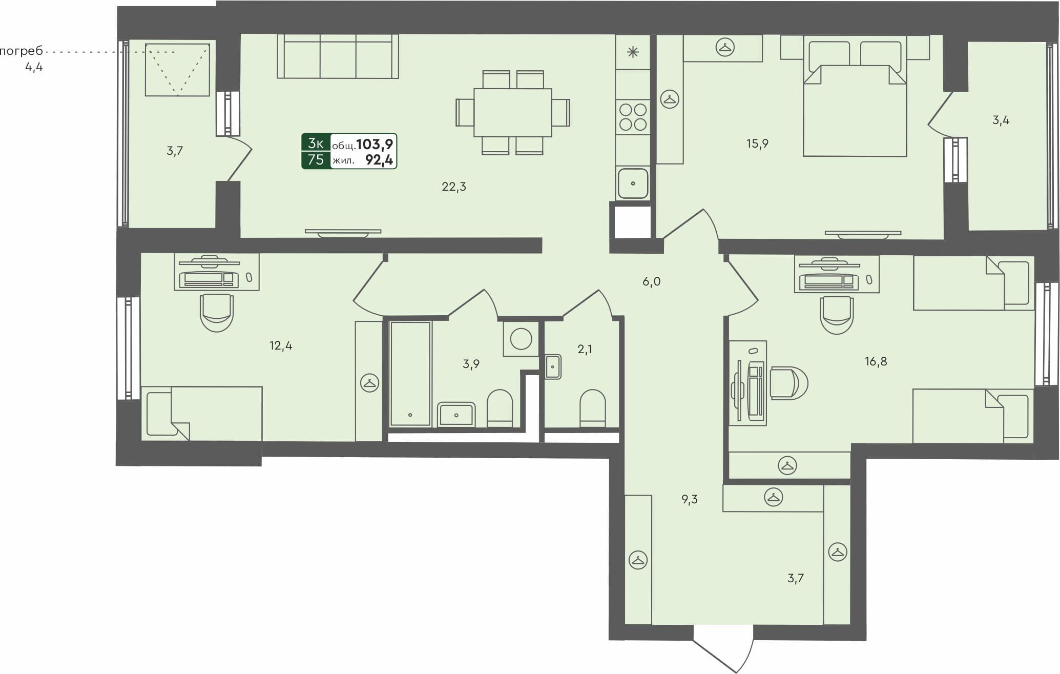 3-комн. квартира, 103.9 м², 1 из 4 этаж Планировка