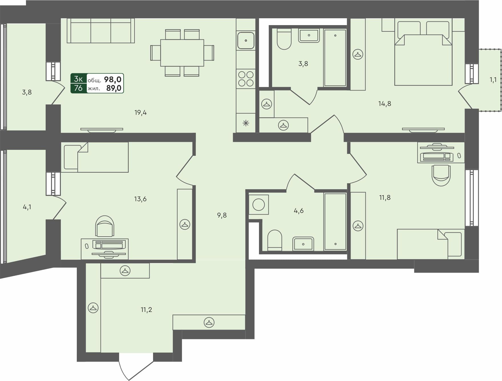 3-комн. квартира, 98 м², 2 из 4 этаж квартира