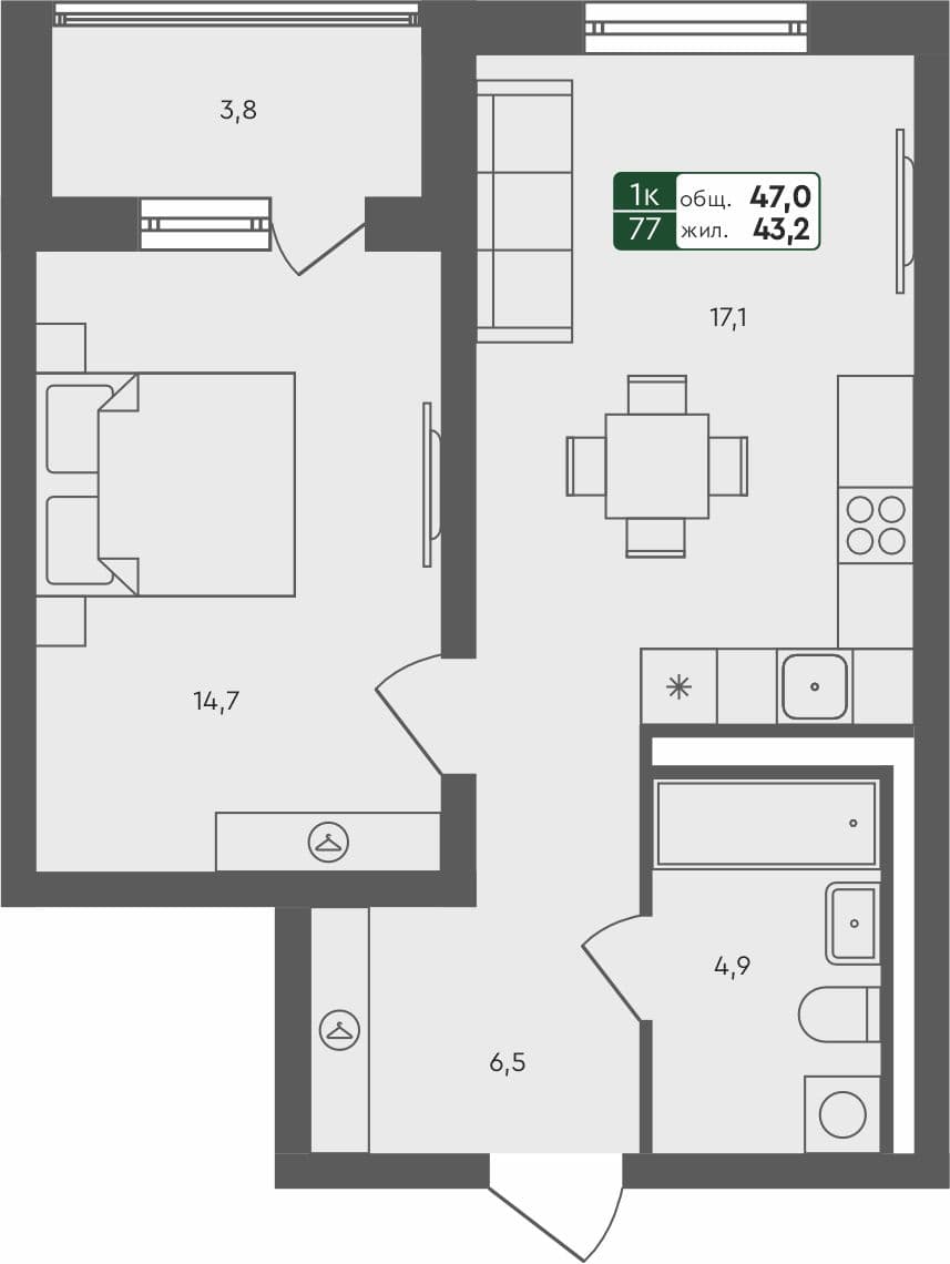 1-комн. квартира, 47 м², 2 из 4 этаж квартира